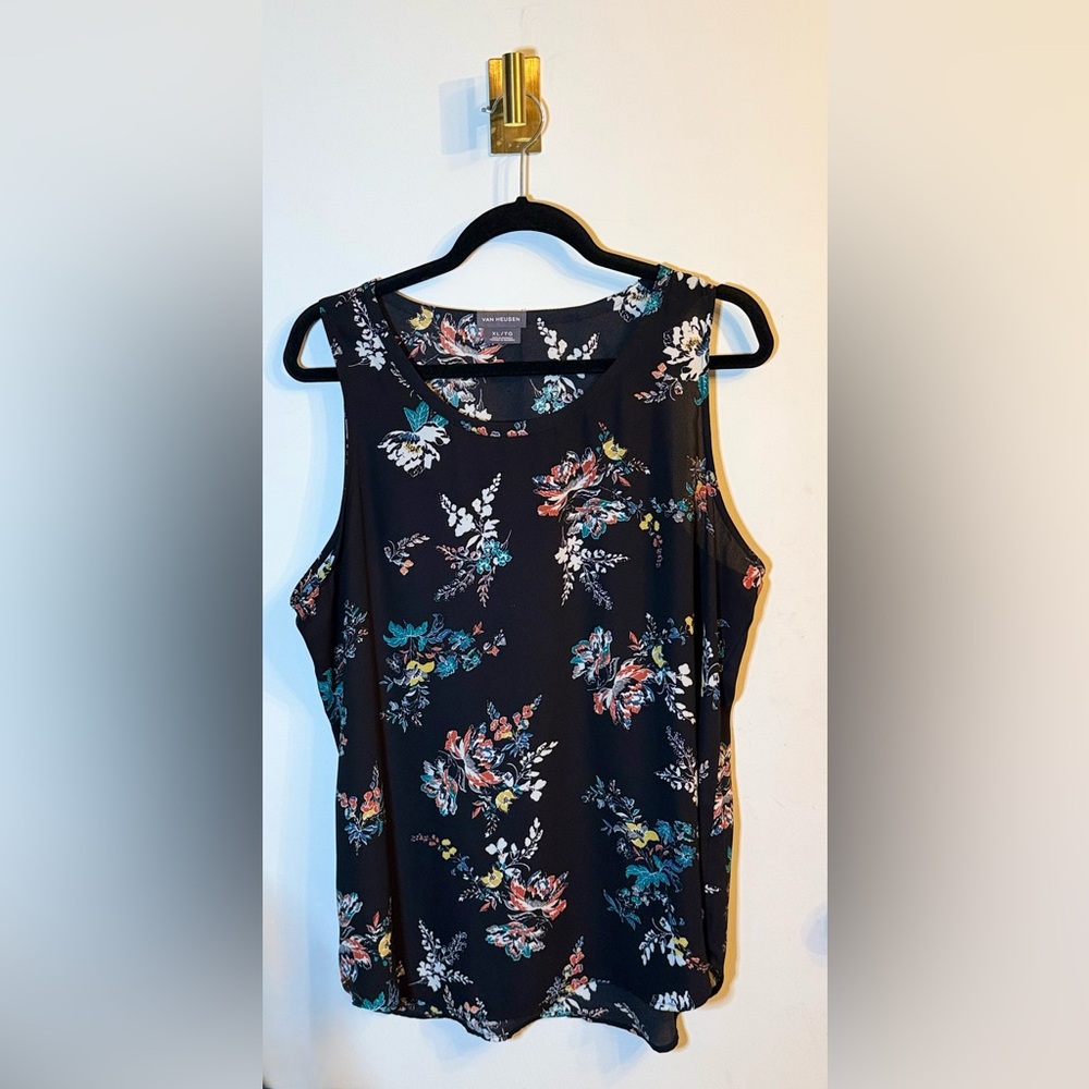 Van Heusen XL Floral Sleeveless Blouse Black Boho Botanical Spring Office Casual